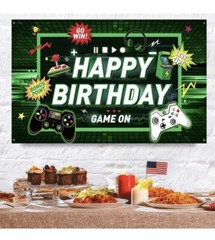 Video Game Happy Birthday Fabric Backdrop Game on Party, 42”X 70” Green/Black
