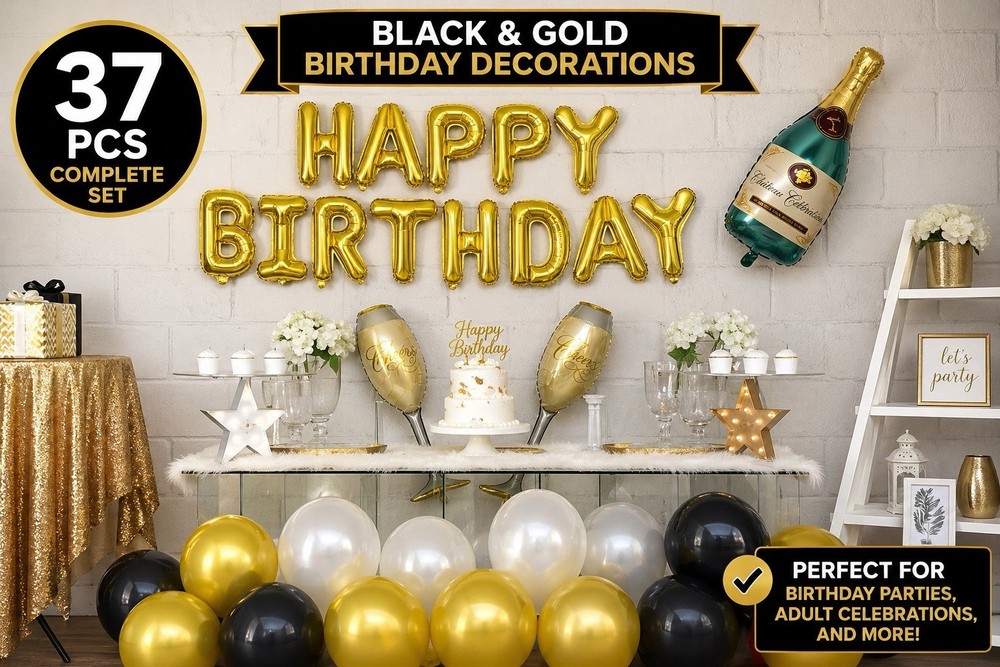 Black Gold Birthday Decorations Kit 37pc Balloons Banner Champagne Set