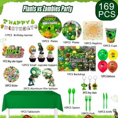 169 Pcs Plants Vs Play Game Zombies Party Kit Banner Balloon Backdrop Tableware