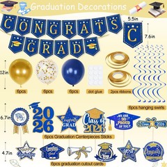 Blue Gold Graduation Decorations 2026 Congrats Grad Banner Cake Topper Balloons