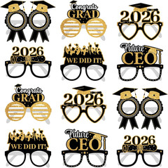 , Black and Gold Graduation Glasses – Pack of 12 | Graduation Photo Props, Gradu