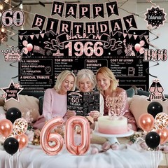 60th Birthday Decorations Kit – Rose Gold & Black, Happy 60th Banner, Crown, Sas