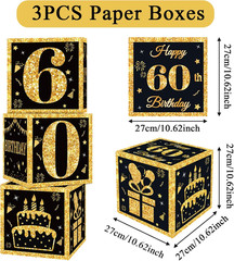 60Th Birthday Decorations Boxes for Men- 3PCS Black Gold Happy 60Th Birthday Bal