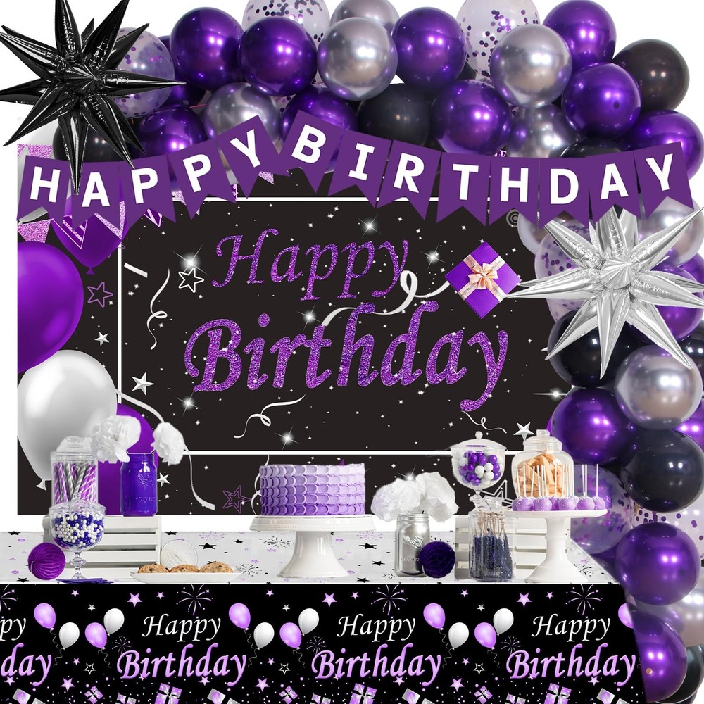 Black Purple Birthday Decorations for Women Girls Men, Purple and Silver Part…