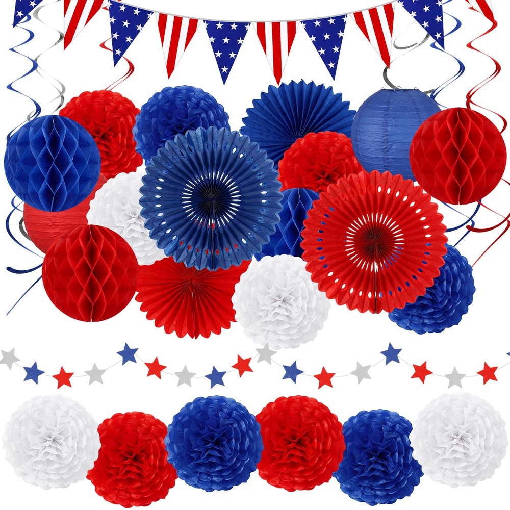 28 Pcs 4th of July Decorations Red White Blue Patriotic American Flag Star Bann