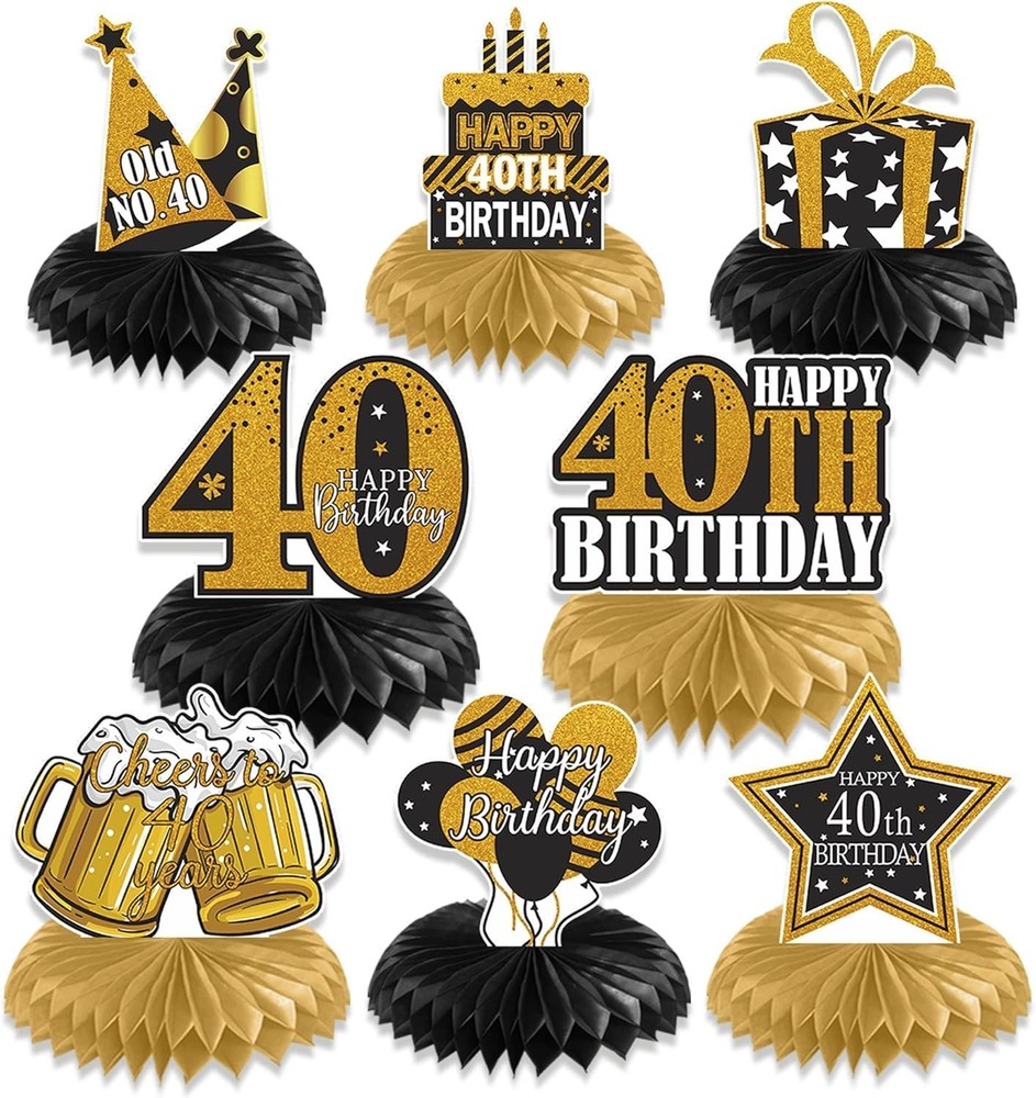8 Pcs 40th Birthday Decoration Honeycomb Centerpieces for Women Men, Black Go…