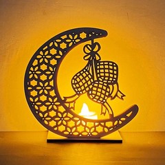 Eid Mubarak Ramadan Wooden Moon Muslim Mosque Islam Tabletop Light Decoration