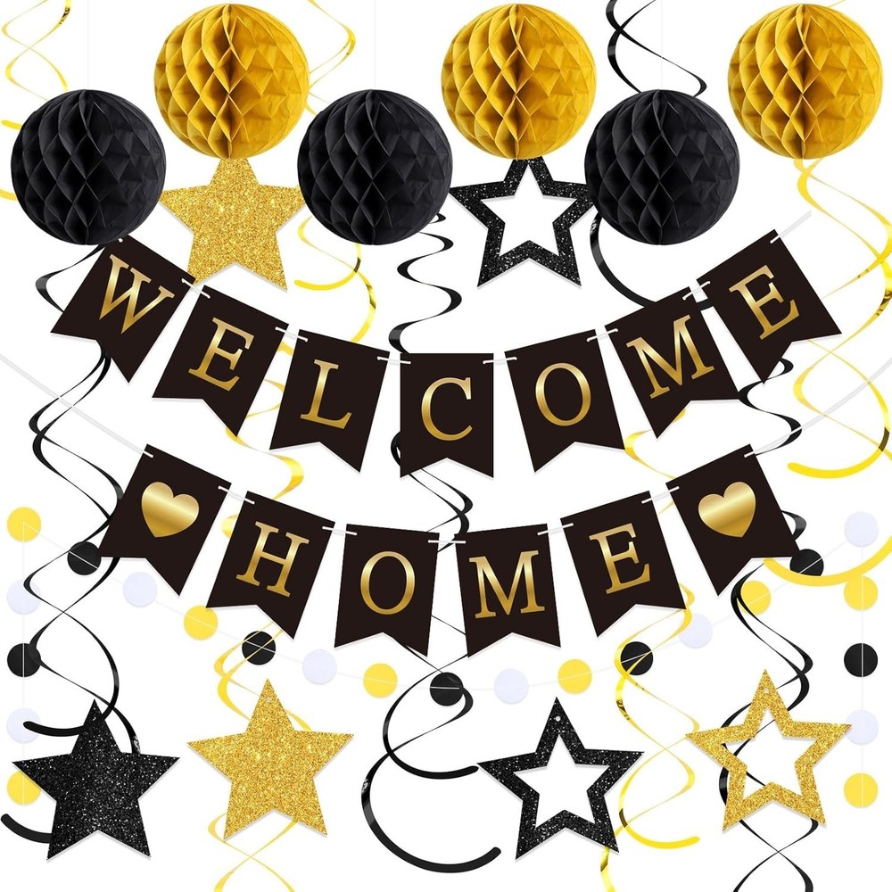 Welcome Home Decorations Banner with Glitter Stars Hanging Black