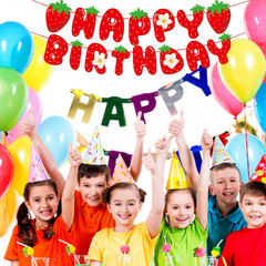 Strawberry Happy Birthday Banner, Strawberry Themed Birthday Party Decoration, B
