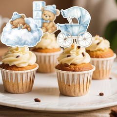 36pcs Baby Boy Bear Cupcake Toppers, Blue Baby Boy Shower Cupcake Decorations…