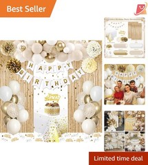 Gold & White Birthday Decorations Kit Balloons Banner Tablecloth Confetti