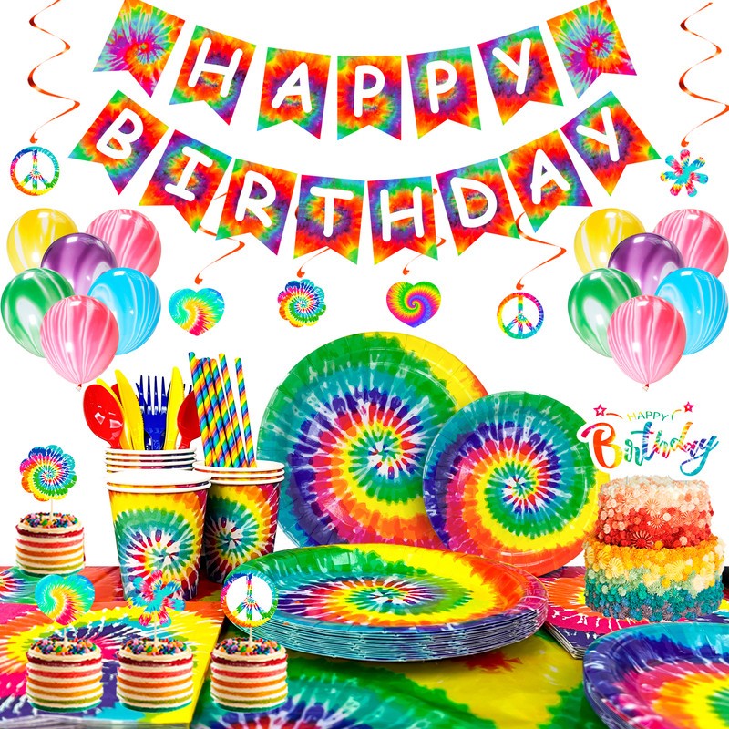 Rainbow Party Decoration Tie Dye Birthday Tableware Balloons Plates Cake Topper