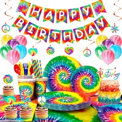 Rainbow Party Decoration Tie Dye Birthday Tableware Balloons Plates Cake Topper