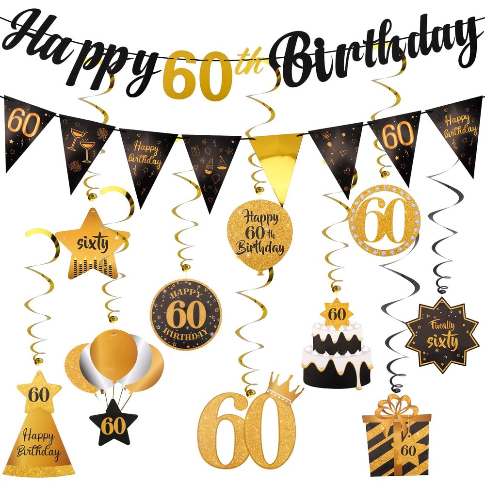 Black & Gold 60th Birthday Decoration Kit – Happy 60th Birthday Decorations f…