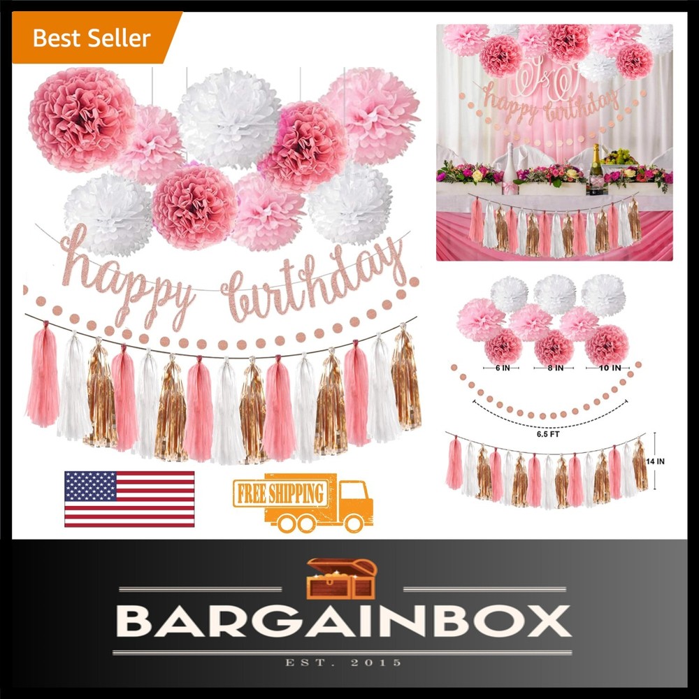 4-in-1 Rose Gold Glittery Party Decor: Banner, Poms, Circle & Tassel Garlands