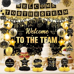 Black Gold Welcome Team Banner – New Employee Decoration Kit – Honeycomb Cent…