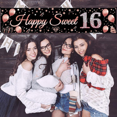 16Th Birthday Decorations Sweet 16 Banner Party Supplies, Rose Gold Happy Sweet