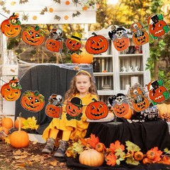2 Pack Vintage Halloween Pumpkin Garland Banner Decorations, Retro Orange