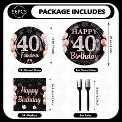 96Pcs 40Th Birthday Decorations for Men Women Black and Rose Gold 40Th Plates an