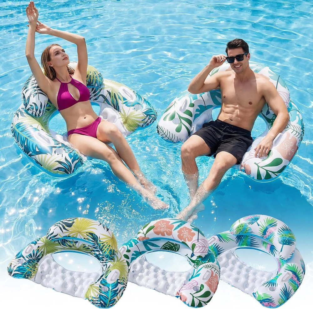 3 Pack Pool Floats Adult, Pool Floaties with Two Cup Holders & Handles