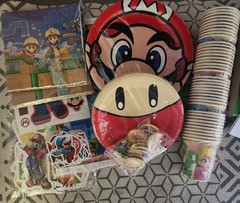 Mario Bro Birthday Decorations,Table Covers,Stickers,Plates BD letters 215 Pcs
