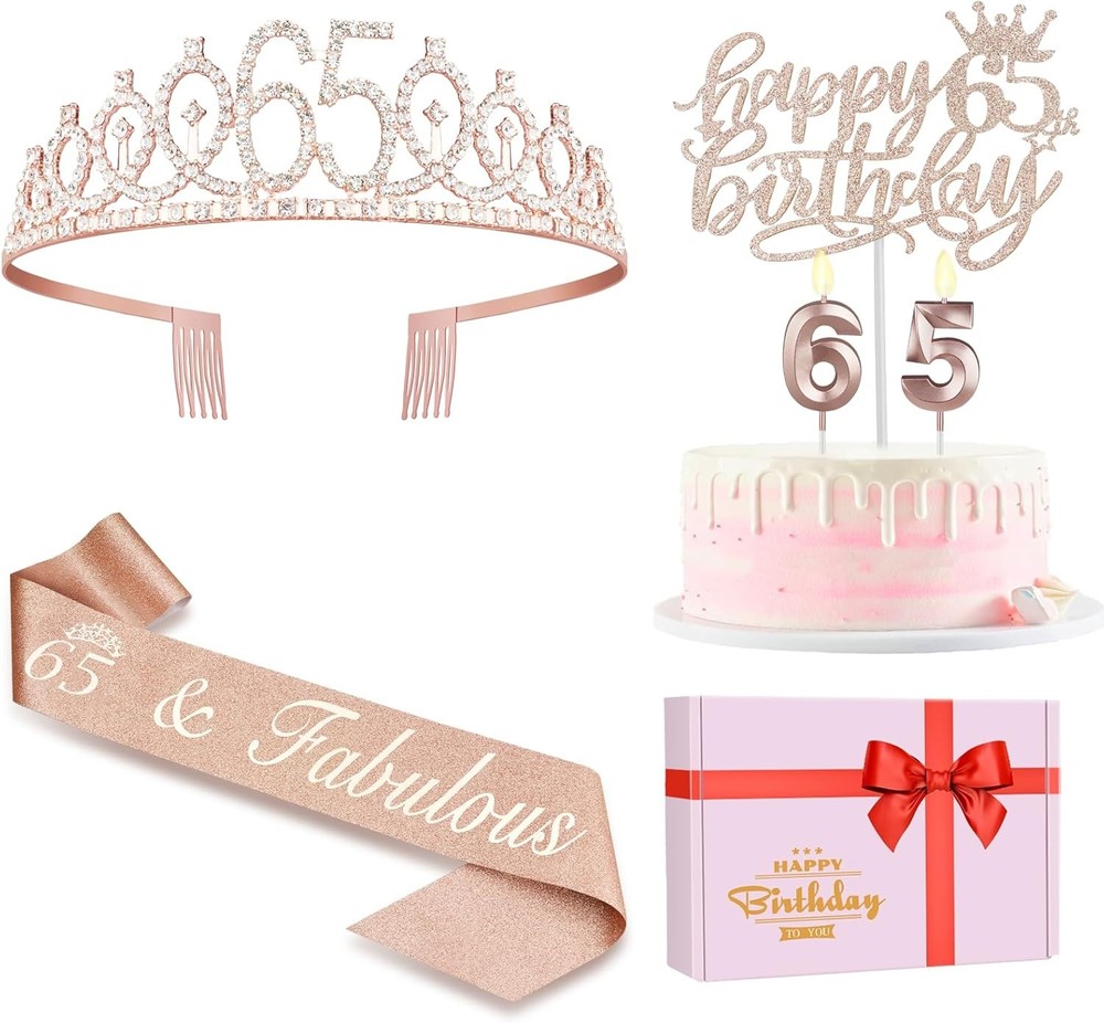 65th Birthday Decorations for Women, Including Sash, Crown/Tiara, Rose Gold