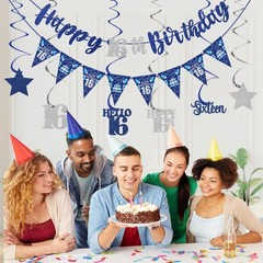Blue Silver 16th Birthday Decorations for Boys Girls, Happy
