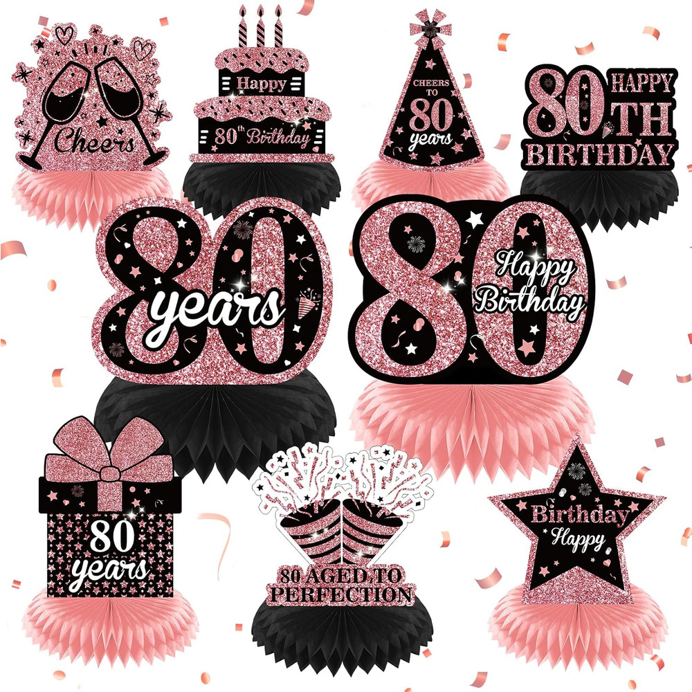 9Pcs Rose Gold 80Th Birthday Decorations Rose Gold Black Happy 80Th Birthday Tab