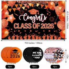 Orange and Black Graduation Decorations Class of 2026 Banner with 18 Pcs Grad Ba