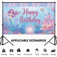 Lednica Mermaid Birthday Backdrop, 71 inches x 43 inches, Blue