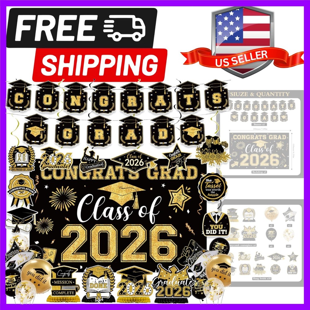 Graduation Decorations 2026 Black Gold Themed Set Included Congrats Grad Bann…