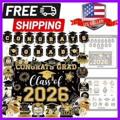 Graduation Decorations 2026 Black Gold Themed Set Included Congrats Grad Bann…