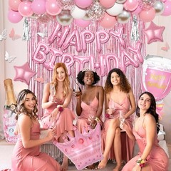 Pink Birthday Party Decorations Kit for Girls Women with Banner Foil Balloons