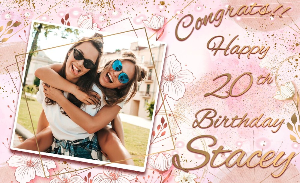 Personalised Birthday Backdrop Background photo pink flower woman girl kid Party