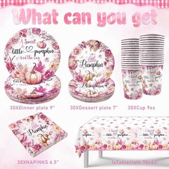 Disposable Tableware Set Serves 30 Guests with Pink Pumpkin Plates Cups Napkins