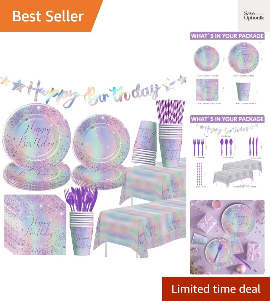 Iridescent Party Decorations Tableware, Ombre Purple Holographic Birthday Par…