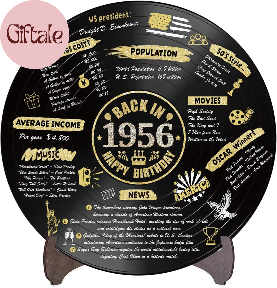 Vinyl Record 70Th Birthday Decoration, Gold 1956 Birthday Party Poster Sign with