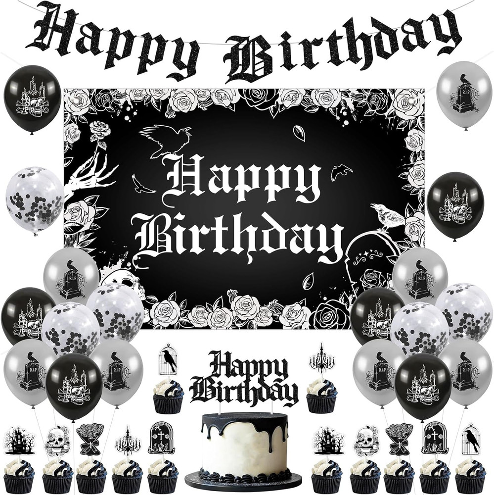 Gothic Birthday Decorations, Skull Theme Happy Birthday Backdrop Cake Topper …