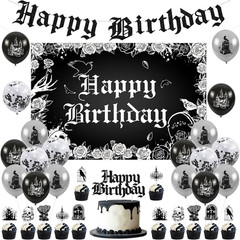 Gothic Birthday Decorations, Skull Theme Happy Birthday Backdrop Cake Topper …