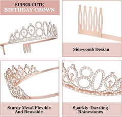 Rose Gold 80th Birthday Decorations with Crown, Sash, Cake Topper and Candles