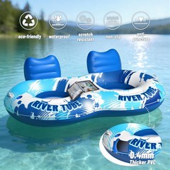 Inflatable 2 Person Floating Tube For River With Cooler & Cup Holders Heavy Duty