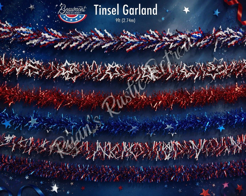 4th of July Tinsel Garland 6 Pack Red White Blue Patriotic 54ft