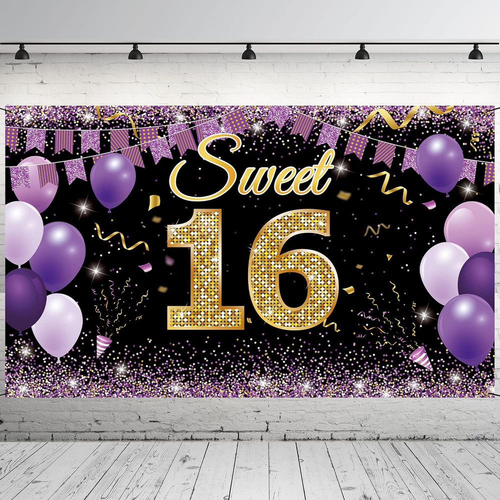 Sweet 16 Birthday Decorations Backdrop Banner, Happy 16Th Birthday Decorations f