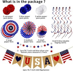 26Pcs Patriotic Decorations LOVE Banner Red White Blue Paper Fans Star Strea…