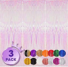 3 Pack 3.3×8.2 Feet Iridescent Transparent Foil Fringe Backdrop Curtains, Tin…