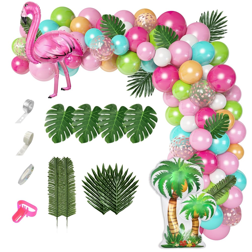 132Pcs Tropical Flamingo Balloons Garland Kit, Flamingo Foil Balloons Green P…