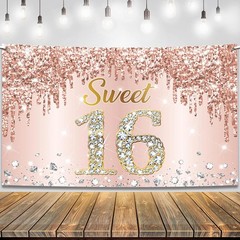 SWEET 16 BIRTHDAY BANNER WALL BACKDROP BACKGROUND PINK ROSE GOLD XL NEW 72″X 44″