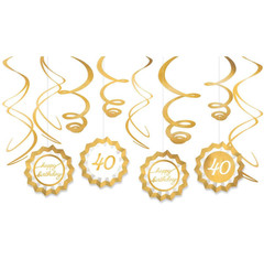 40th Birthday Party Decorating Kit Gold & White 4 Paper Fans 8 Gold Swirls 12pcs