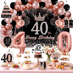 Rose Gold 40Th Birthday Decorations for Women – Backdrop, Sparkle Crown Sash, Ha