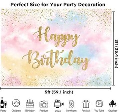 Rainbow Birthday Backdrop for Girls Colorful Pastel Clouds Happy 5x3ft